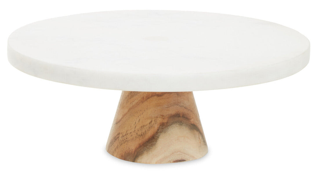 Aurora Round White Marble and Acacia Wood Cake Stand
