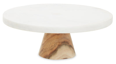 Aurora Round White Marble and Acacia Wood Cake Stand